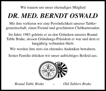Traueranzeige von Berndt Oswald von Nordwest-Zeitung