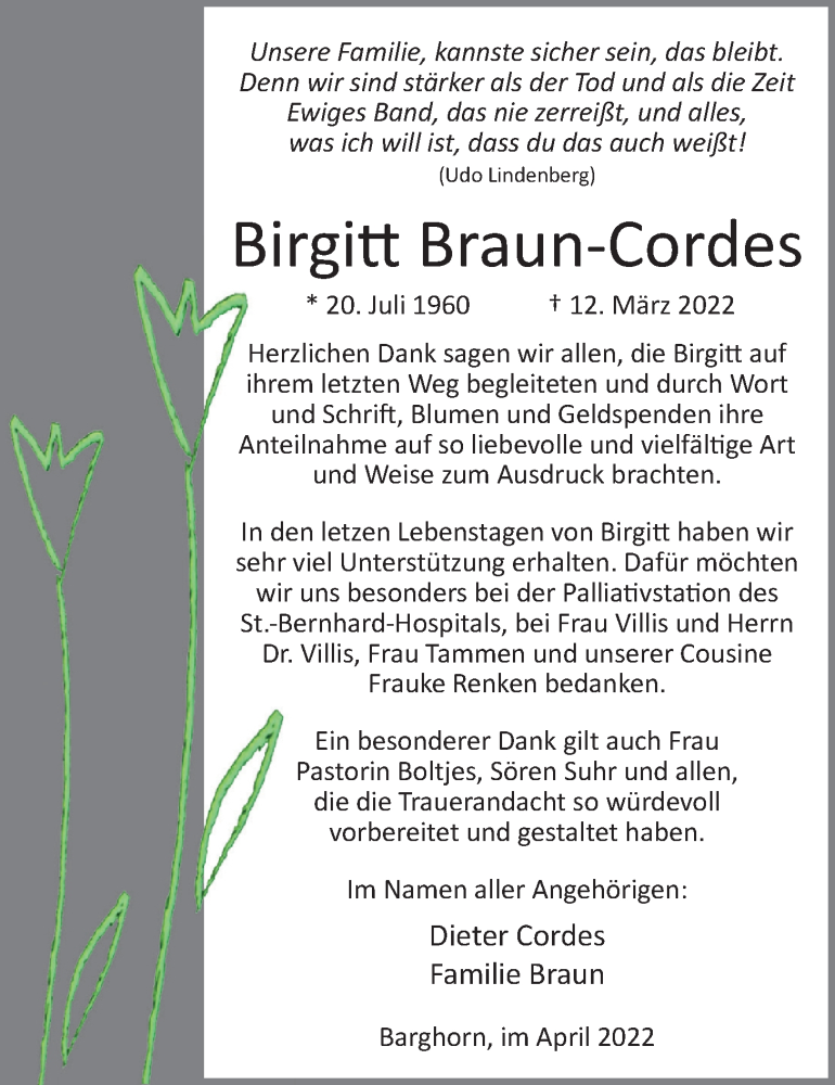 Traueranzeige für Birgitt Braun-Cordes vom 16.04.2022 aus Nordwest-Zeitung