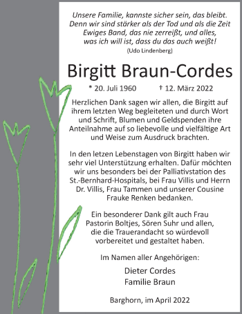 Traueranzeige von Birgitt Braun-Cordes von Nordwest-Zeitung