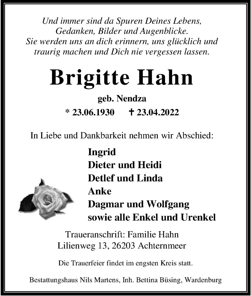  Traueranzeige für Brigitte Hahn vom 30.04.2022 aus Nordwest-Zeitung