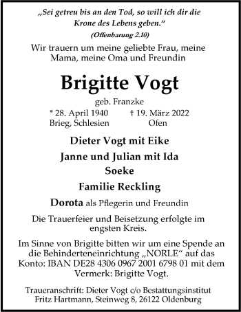 Traueranzeige von Brigitte Vogt von Nordwest-Zeitung