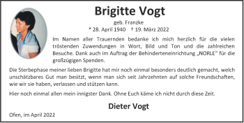 Traueranzeige von Brigitte Vogt von Nordwest-Zeitung