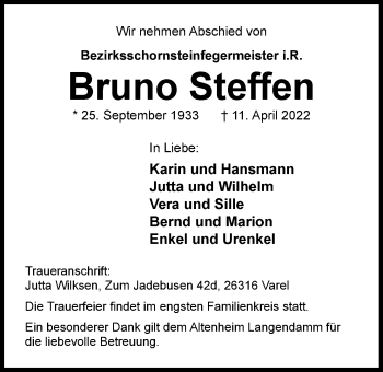 Traueranzeige von Bruno Steffen von Nordwest-Zeitung