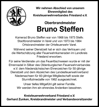 Traueranzeige von Bruno Steffen von Nordwest-Zeitung