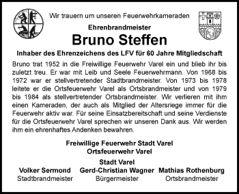 Traueranzeige von Bruno Steffen von Nordwest-Zeitung