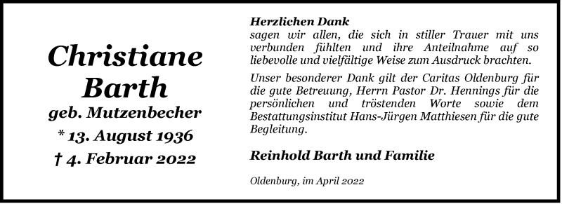  Traueranzeige für Christiane Barth vom 30.04.2022 aus Nordwest-Zeitung