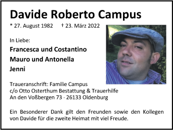 Traueranzeige von Davide Roberto Campus von Nordwest-Zeitung