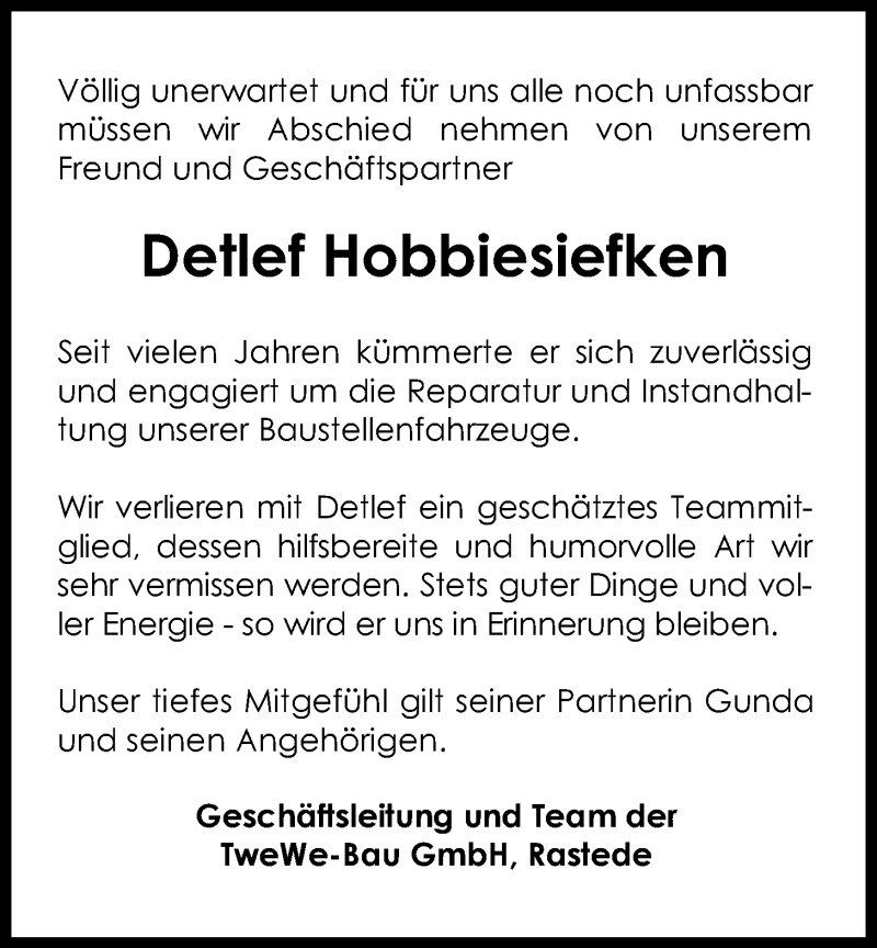  Traueranzeige für Detlef Hobbiesiefken vom 23.04.2022 aus Nordwest-Zeitung