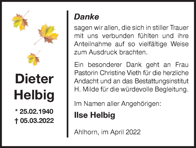  Traueranzeige für Dieter Helbig vom 09.04.2022 aus Nordwest-Zeitung