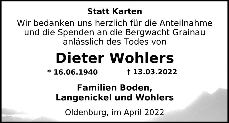  Traueranzeige für Dieter Wohlers vom 23.04.2022 aus Nordwest-Zeitung