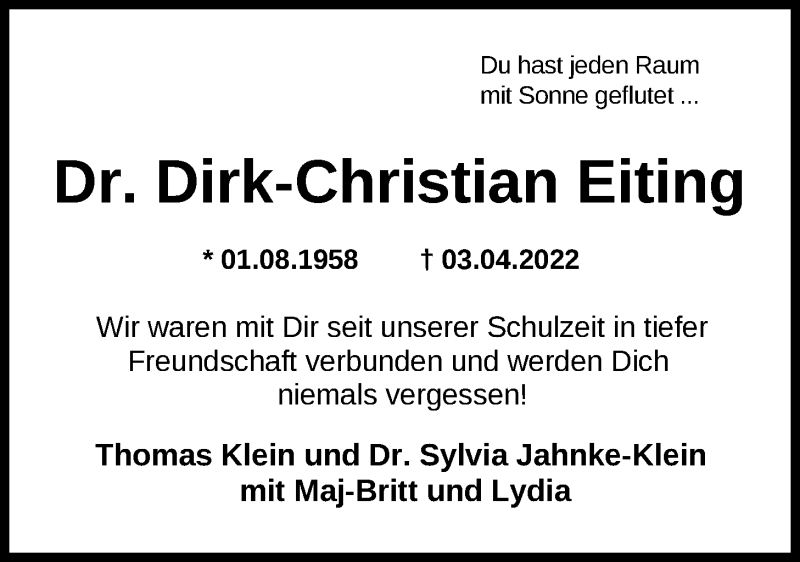  Traueranzeige für Dirk-Christian Eiting vom 08.04.2022 aus Nordwest-Zeitung