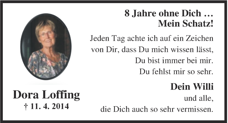  Traueranzeige für Dora Loffing vom 11.04.2022 aus Nordwest-Zeitung