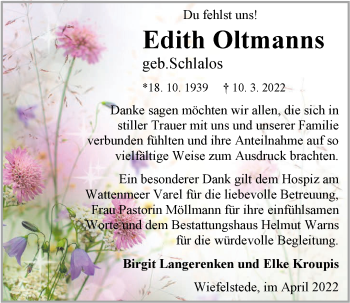Traueranzeige von Edith Oltmanns von Nordwest-Zeitung