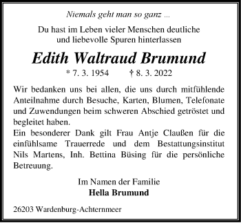 Traueranzeige von Edith Waltraud Brumund von Nordwest-Zeitung