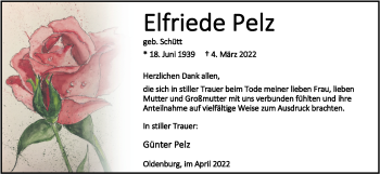 Traueranzeige von Elfriede Pelz von Nordwest-Zeitung