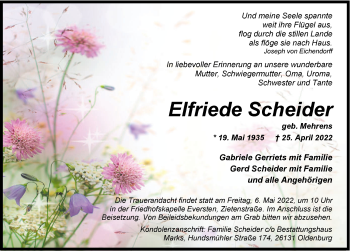 Traueranzeige von Elfriede Scheider von Nordwest-Zeitung
