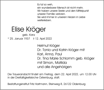 Traueranzeige von Elise Kröger von Nordwest-Zeitung