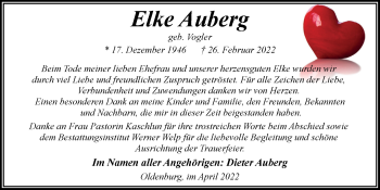 Traueranzeige von Elke Auberg von Nordwest-Zeitung
