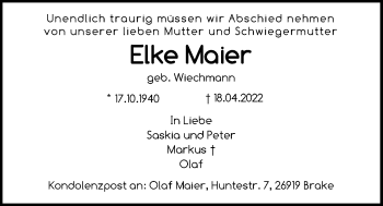 Traueranzeige von Elke Maier von Nordwest-Zeitung