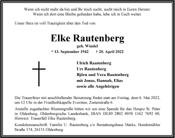 Traueranzeige von Elke Rautenberg von Nordwest-Zeitung