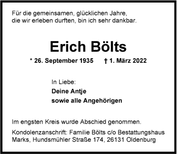 Traueranzeige von Erich Bölts von Nordwest-Zeitung