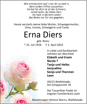 Traueranzeige von Erna Diers von Nordwest-Zeitung