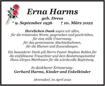 Traueranzeige von Erna Harms von Nordwest-Zeitung