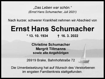 Traueranzeige von Ernst Hans Schumacher von Nordwest-Zeitung