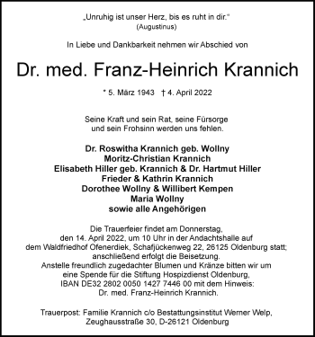 Traueranzeige von Franz-Heinrich Krannich von Nordwest-Zeitung