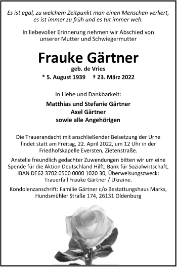 Traueranzeige von Frauke Gärtner von Nordwest-Zeitung