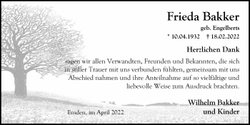 Traueranzeige von Frieda Bakker von Emder Zeitung