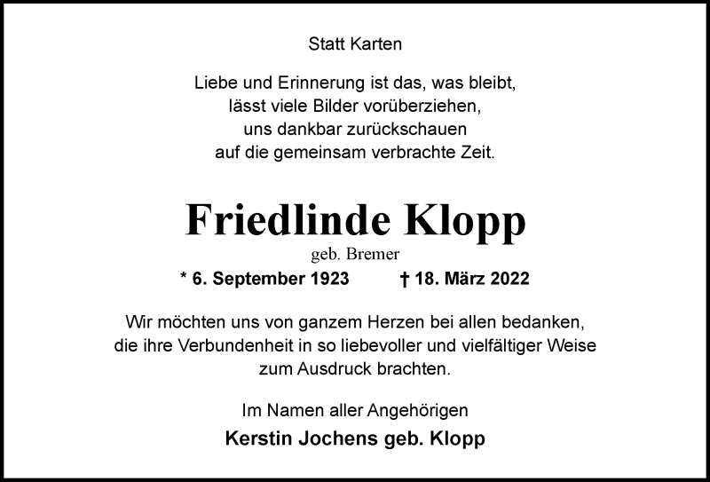  Traueranzeige für Friedlinde Klopp vom 23.04.2022 aus Nordwest-Zeitung