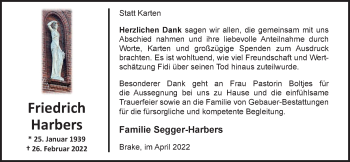 Traueranzeige von Friedrich Harbers von Nordwest-Zeitung