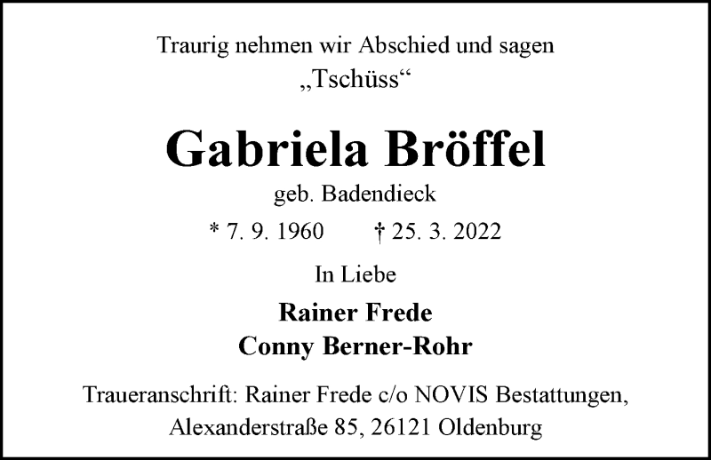  Traueranzeige für Gabriela Bröffel vom 02.04.2022 aus Nordwest-Zeitung