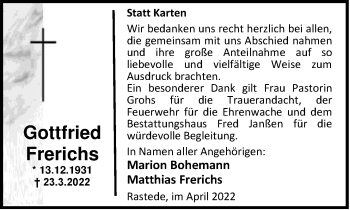 Traueranzeige von Gottfried Frerichs von Nordwest-Zeitung