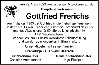 Traueranzeige von Gottfried Frerichs von Nordwest-Zeitung