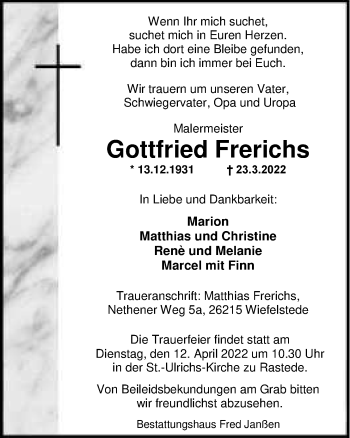 Traueranzeige von Gottfried Frerichs von Nordwest-Zeitung