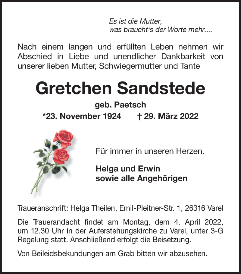  Traueranzeige für Gretchen Sandstede vom 02.04.2022 aus Nordwest-Zeitung