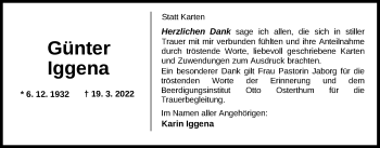 Traueranzeige von Günter Iggena von Nordwest-Zeitung
