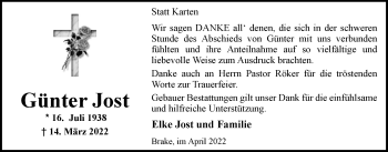 Traueranzeige von Günter Jost von Nordwest-Zeitung
