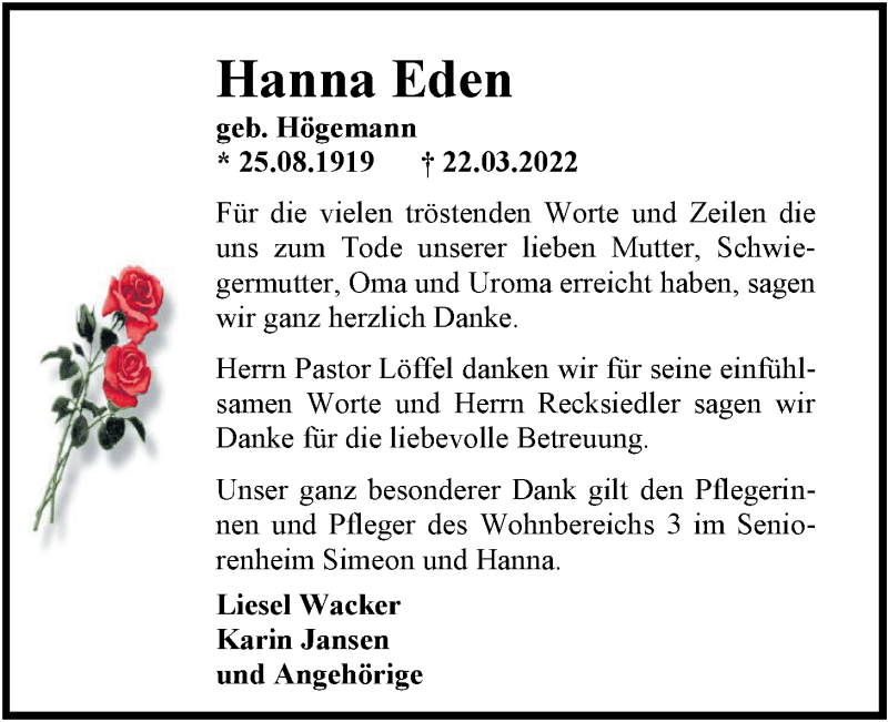  Traueranzeige für Hanna Eden vom 23.04.2022 aus Nordwest-Zeitung