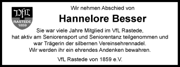 Traueranzeige von Hannelore Besser von Nordwest-Zeitung