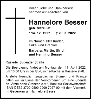 Traueranzeige von Hannelore Besser von Nordwest-Zeitung