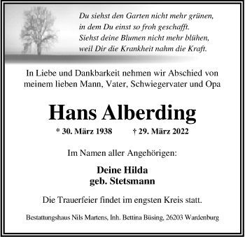 Traueranzeige von Hans Alberding von Nordwest-Zeitung
