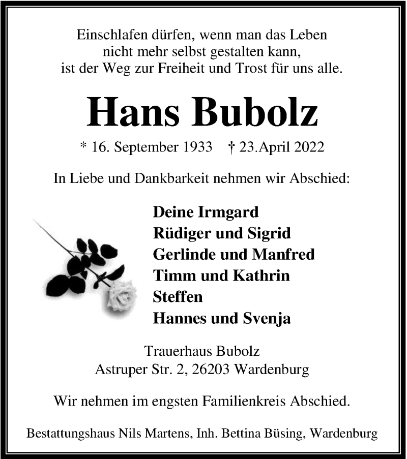  Traueranzeige für Hans Bubolz vom 30.04.2022 aus Nordwest-Zeitung