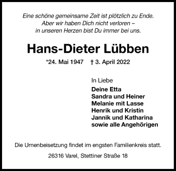 Traueranzeige von Hans-Dieter Lübben von Nordwest-Zeitung