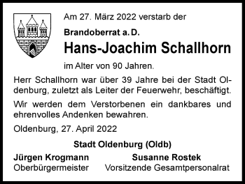 Traueranzeige von Hans-Joachim Schallhorn von Nordwest-Zeitung