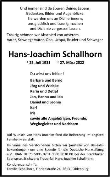 Traueranzeige von Hans-Joachim Schallhorn von Nordwest-Zeitung
