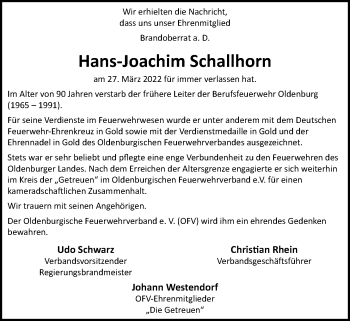 Traueranzeige von Hans-Joachim Schallhorn von Nordwest-Zeitung