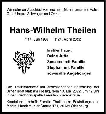 Traueranzeige von Hans-Wilhelm Theilen von Nordwest-Zeitung